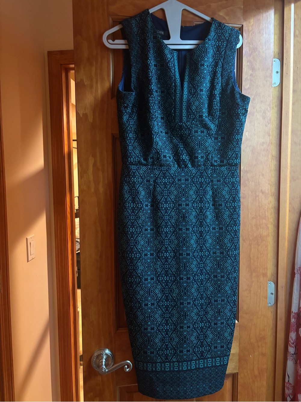 Adore Teal & Black Sleeveless Geometric Sheath Dress